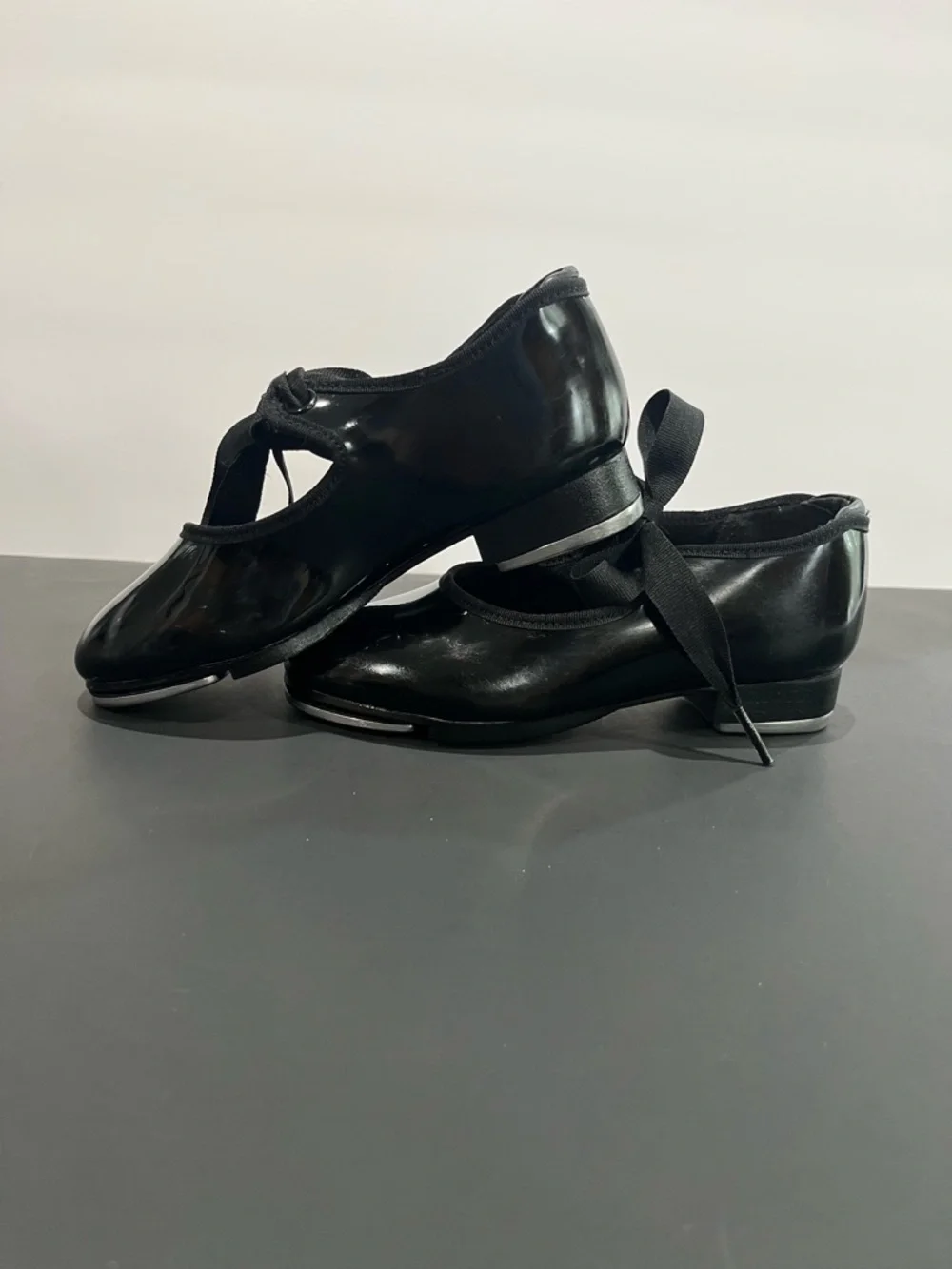 Capezio Black Patent Leather Mary Jane Ribbon Tie Little Girls Tap Dance Shoes